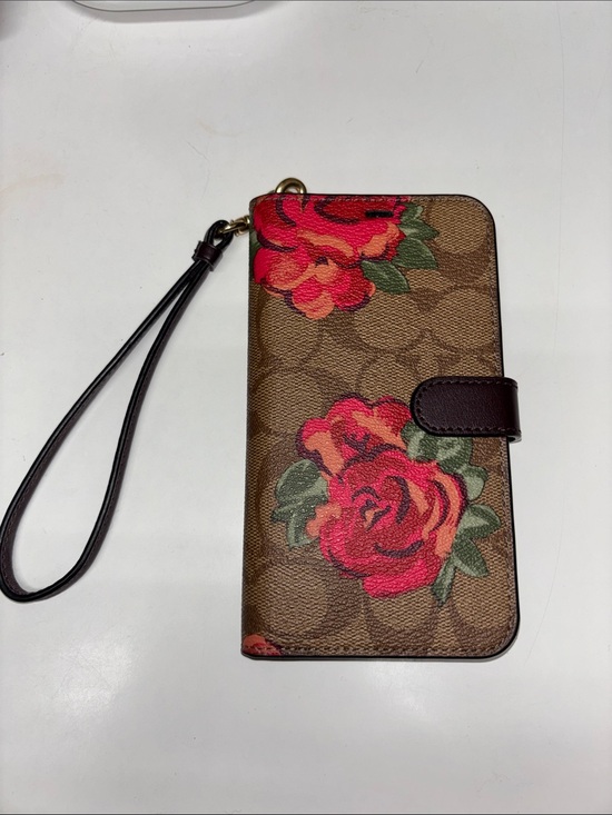 Coach Accessories - Coach Brown Signature Canvas Phone Wallet Case with Red Floral Print